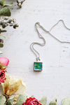 Square Necklace with Teal & Green Flowers