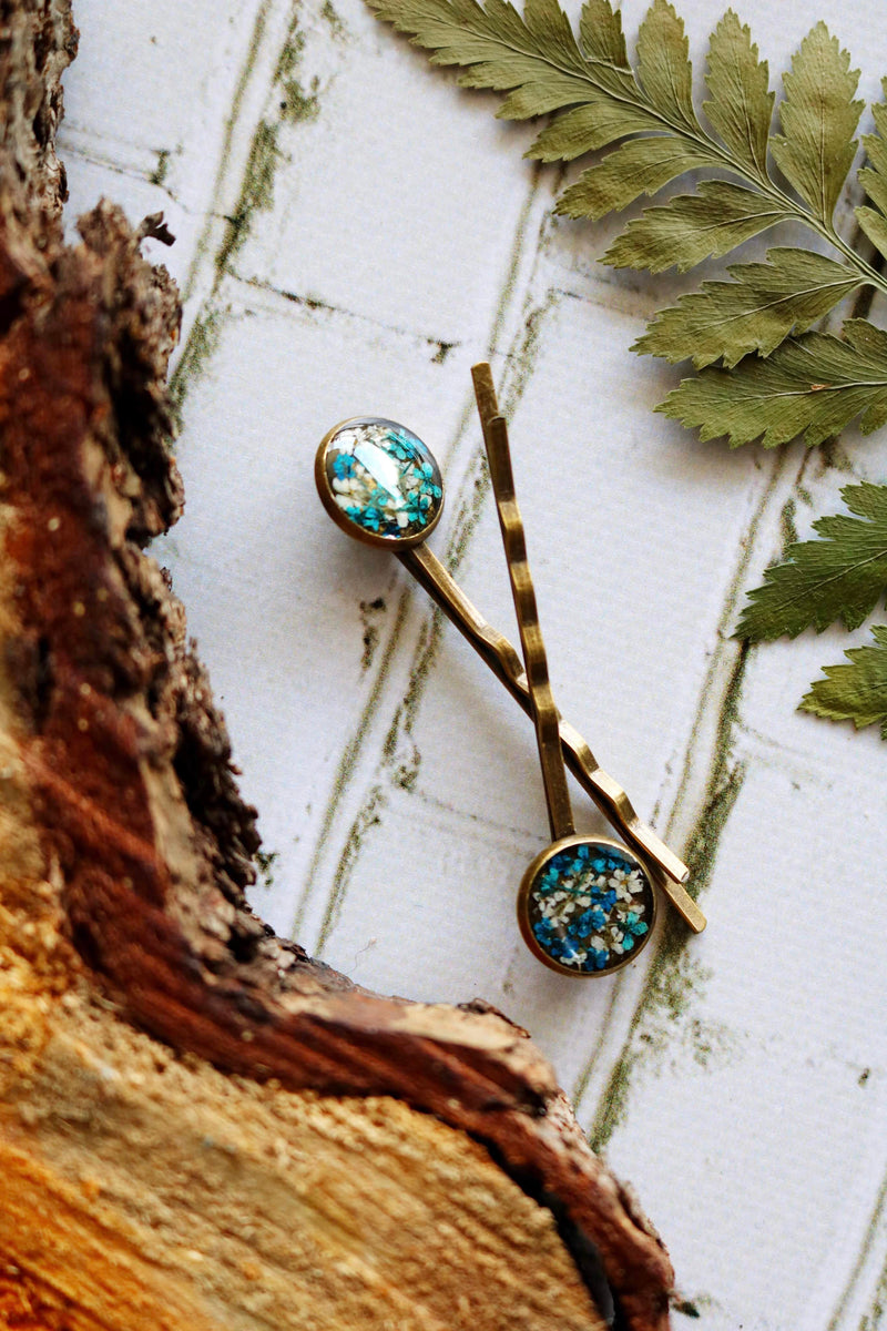 Bobby Pin Set with Teal & White Flowers