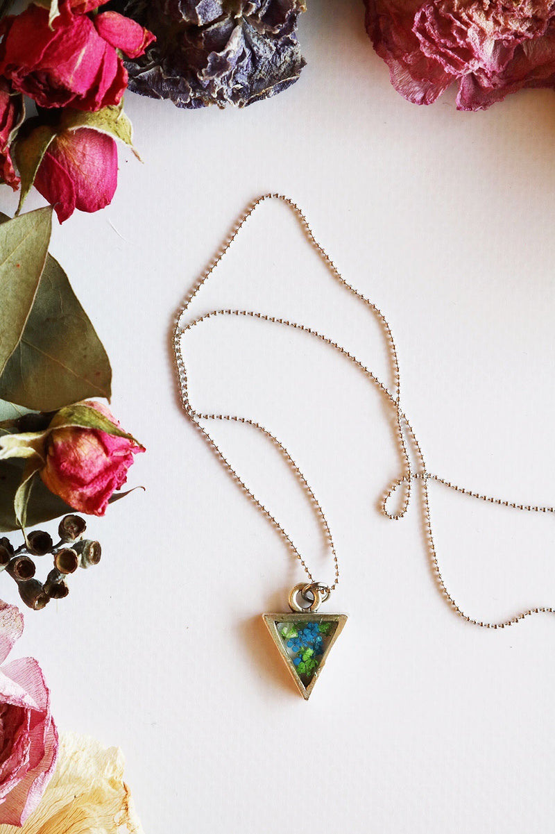 Triangle Necklace with Teal & Green Flowers