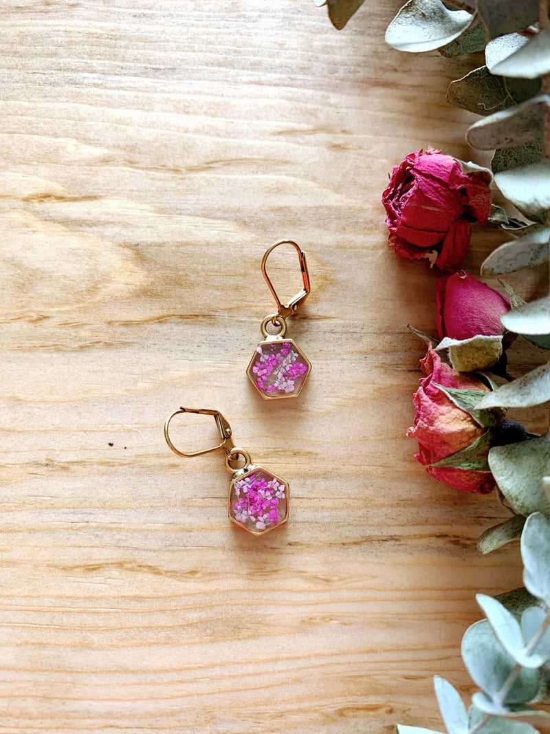 Hexagon Leverback Earrings with Pink Flowers