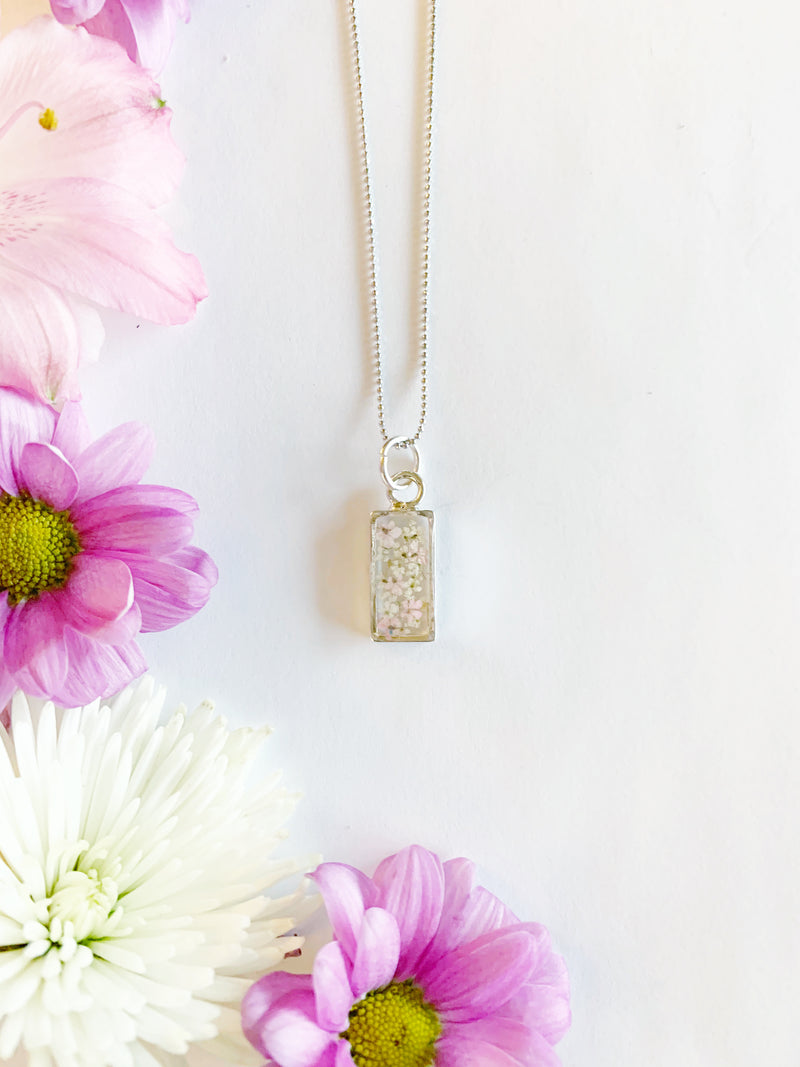 Rectangle Necklace with Light Pink & White Flowers