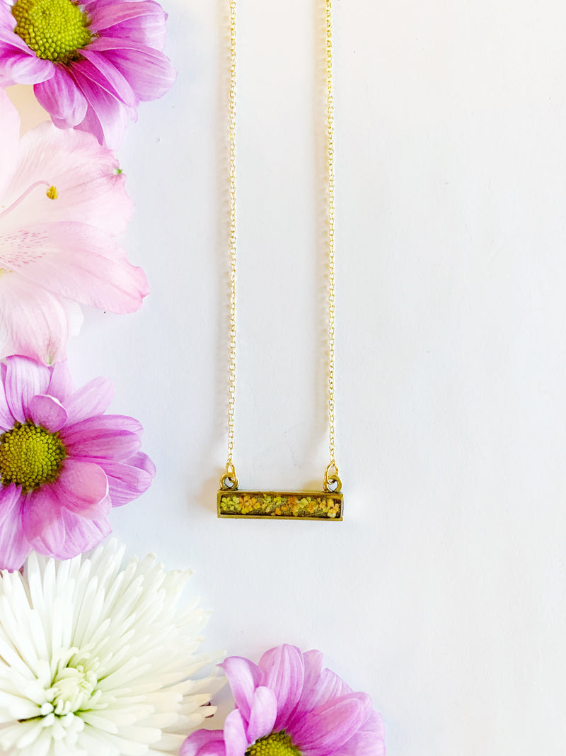Bar Necklace with Yellow & Orange Flowers
