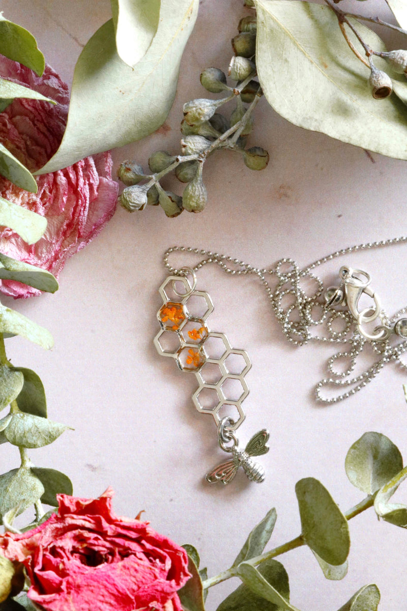 Large Honeycomb Necklace with Orange Flowers