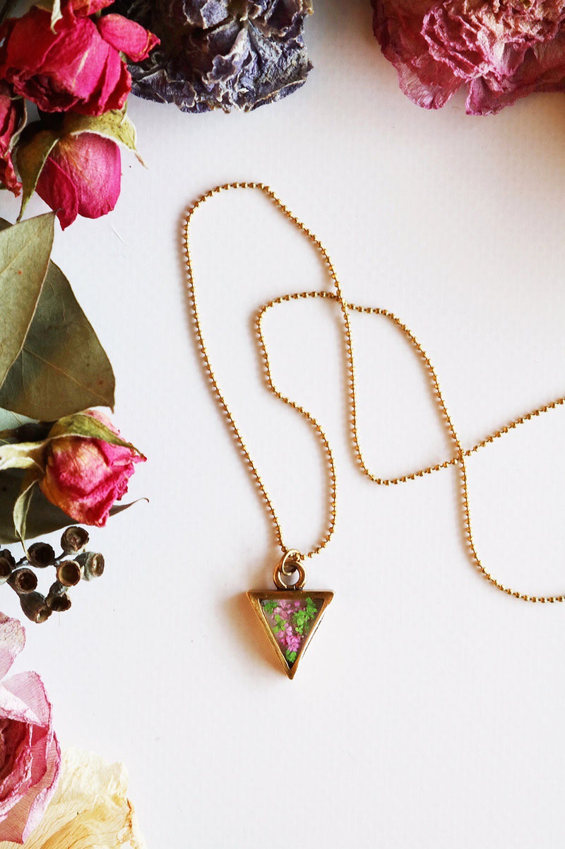 Triangle Necklace with Hot Pink & Green Flowers
