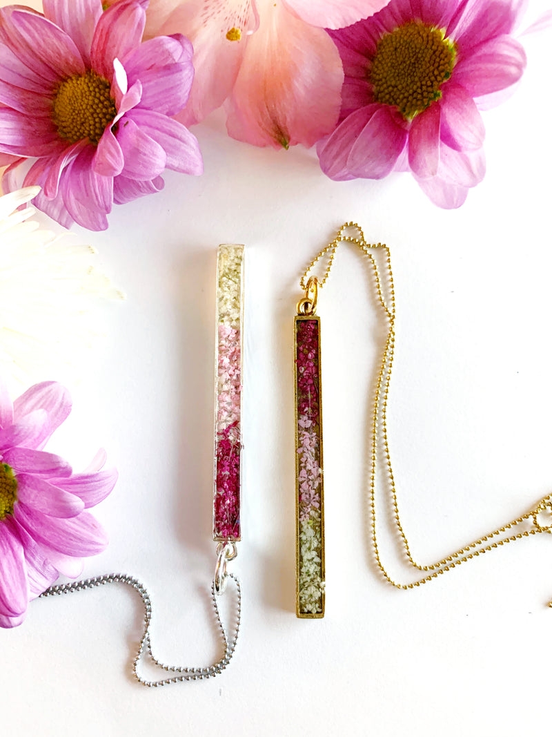 Long Bar Necklace with Pink & White Flowers
