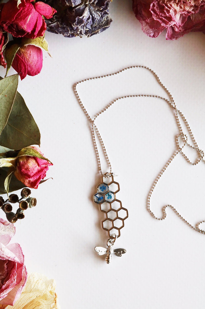 Large Honeycomb Necklace with Dark Blue Flowers