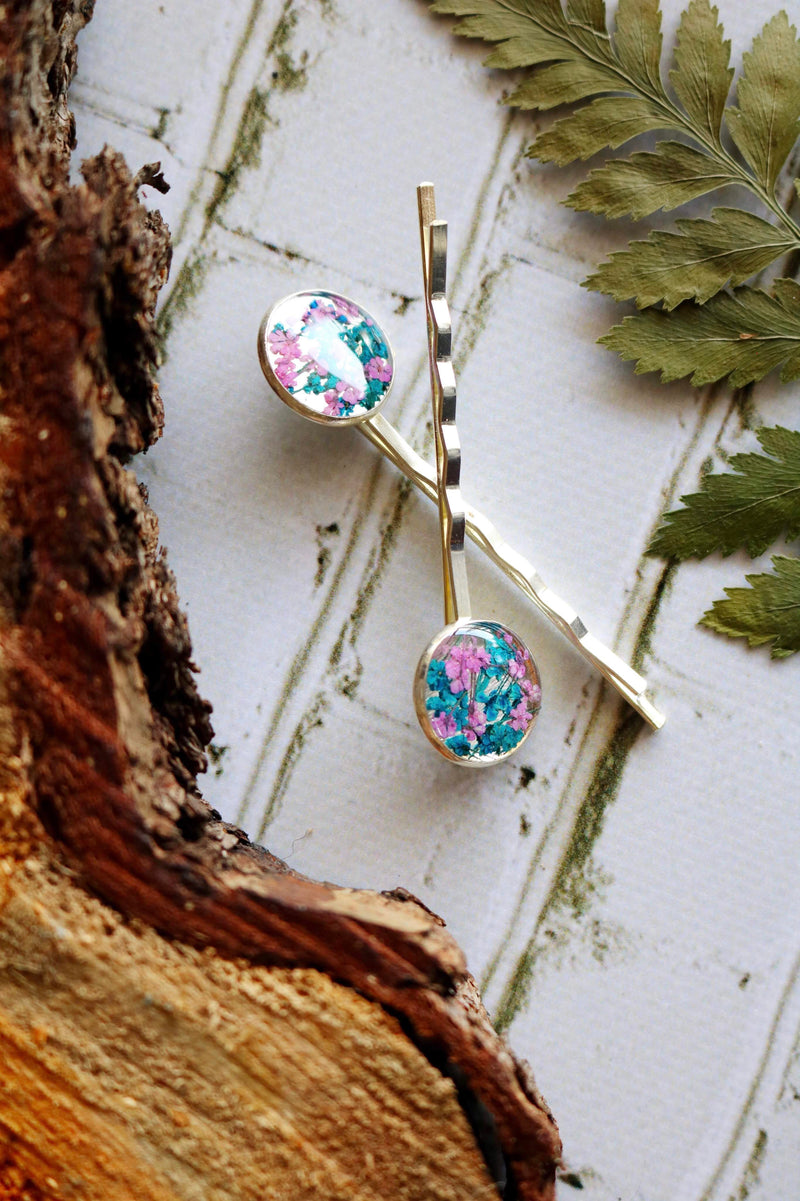 Bobby Pin Set with Teal & Hot Pink Flowers