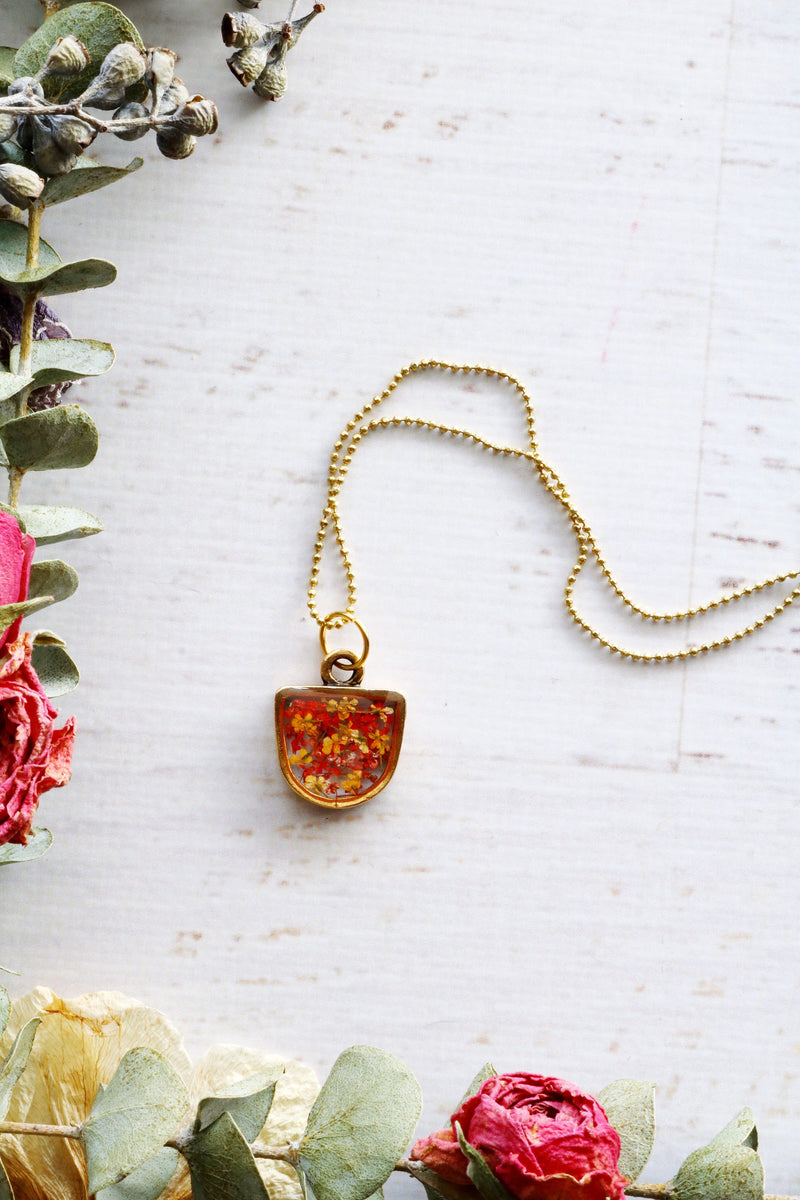 Half Oval Gold Necklace with Red & Orange Flowers