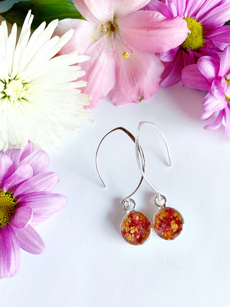 Circle Threader Earrings with Red & Orange Flowers