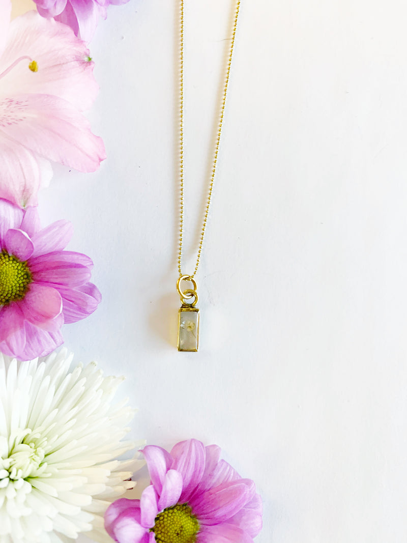 Rectangle Necklace with Single White Flower