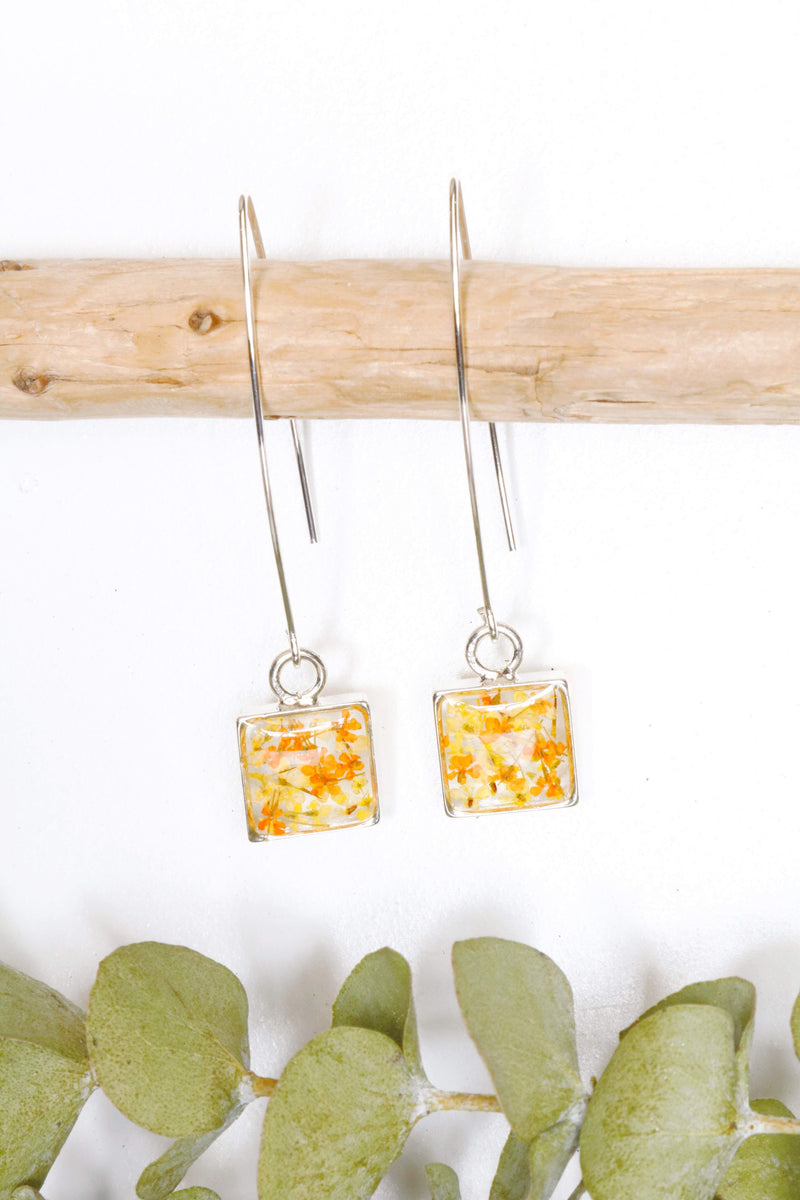 Square Threader Earrings with Yellow & Orange Flowers