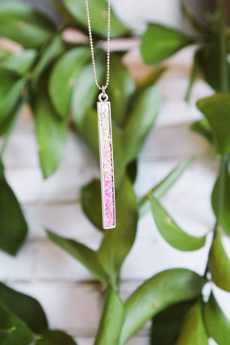 Long Bar Necklace with Ombré White to Pink Flowers
