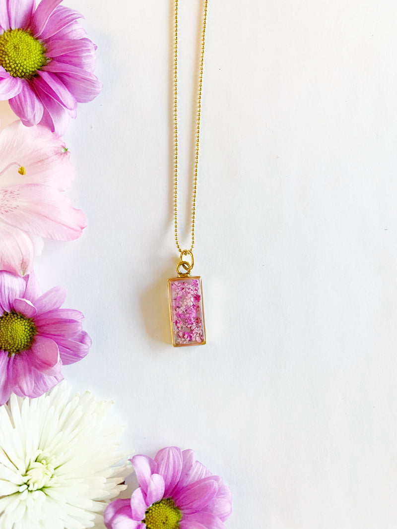 Rectangle Necklace with Pink Flowers
