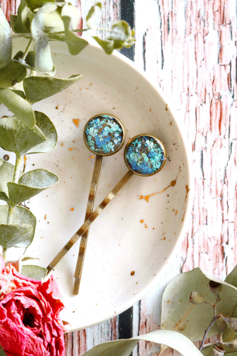 Bobby Pin Set with Teal & Light Blue Flowers