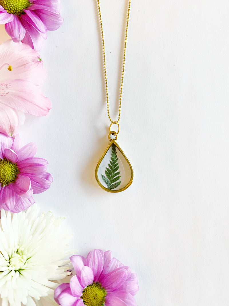Teardrop Necklace with Leather Fern
