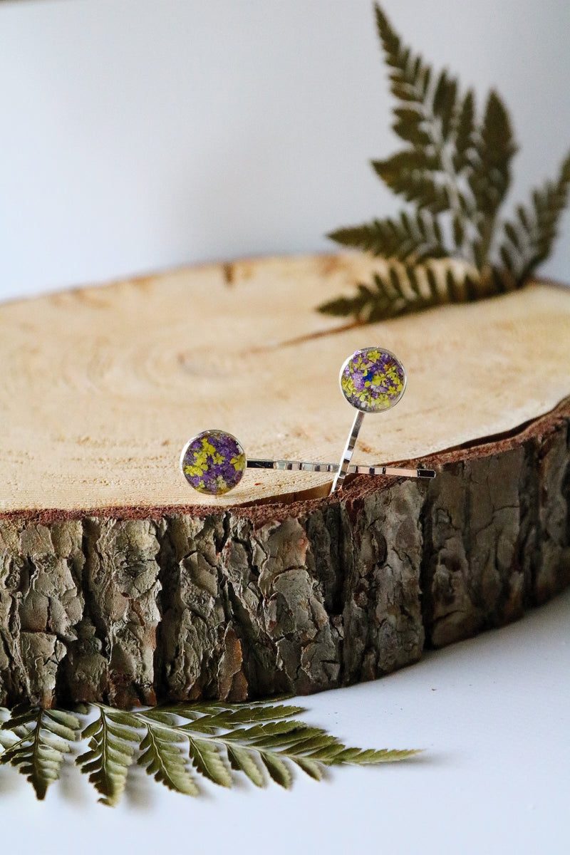 Bobby Pin Set with Purple & Yellow Flowers