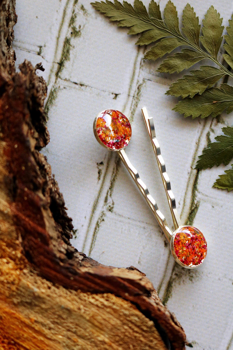 Bobby Pin Set with Red & Orange Flowers