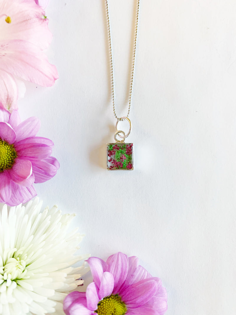 Square Necklace with Dark Pink & Green Flowers