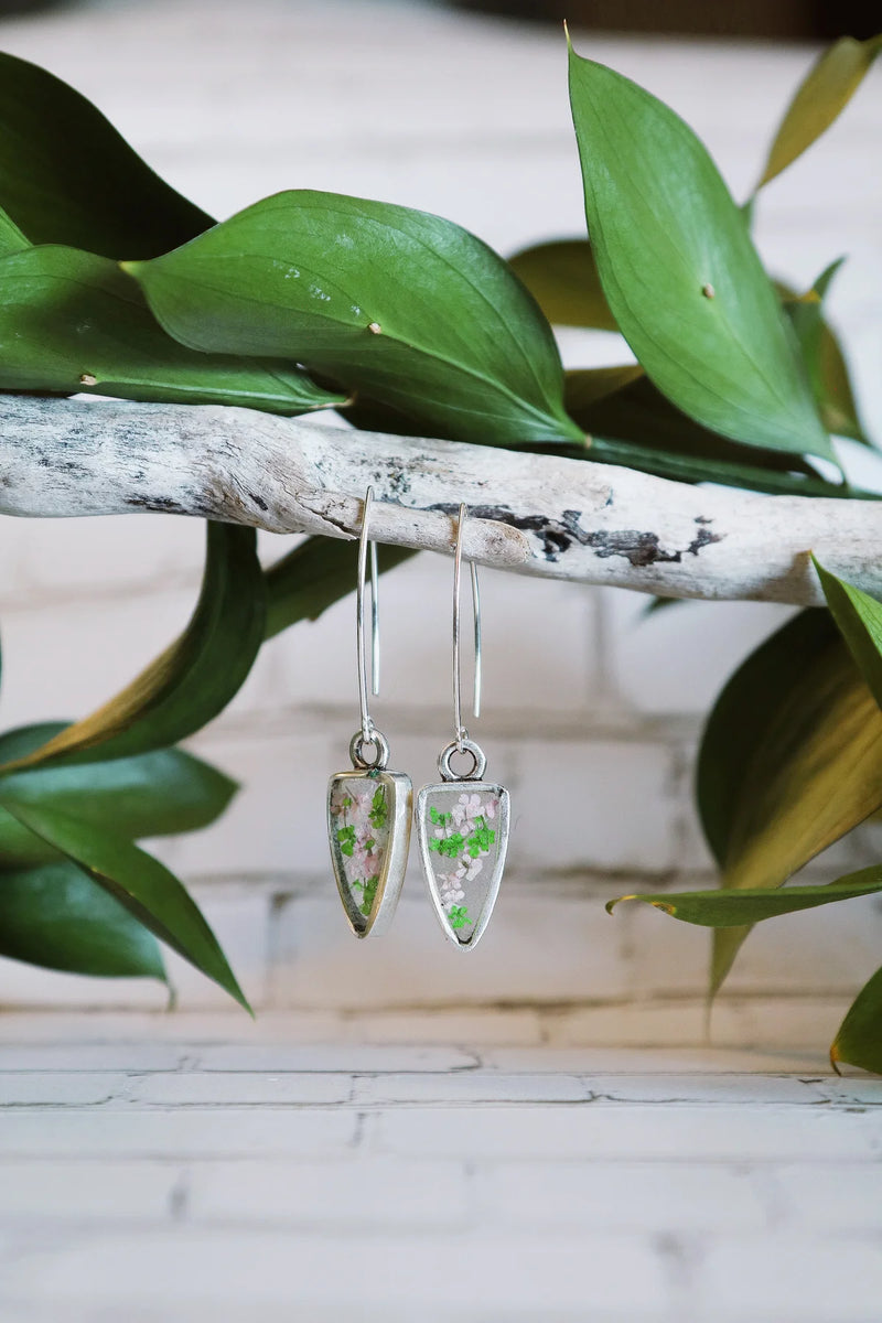 Arrow Threader Earrings with Green & White Flowers