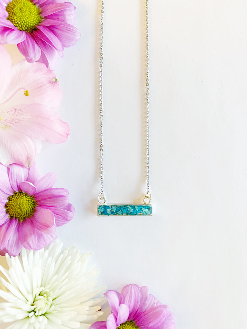 Bar Necklace with Teal & Light Blue Flowers