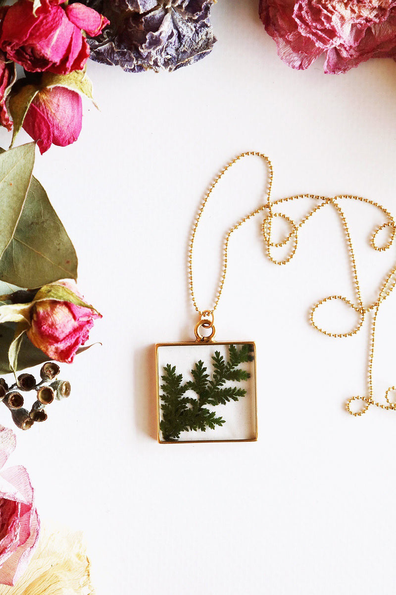 Square Necklace with Lace Fern