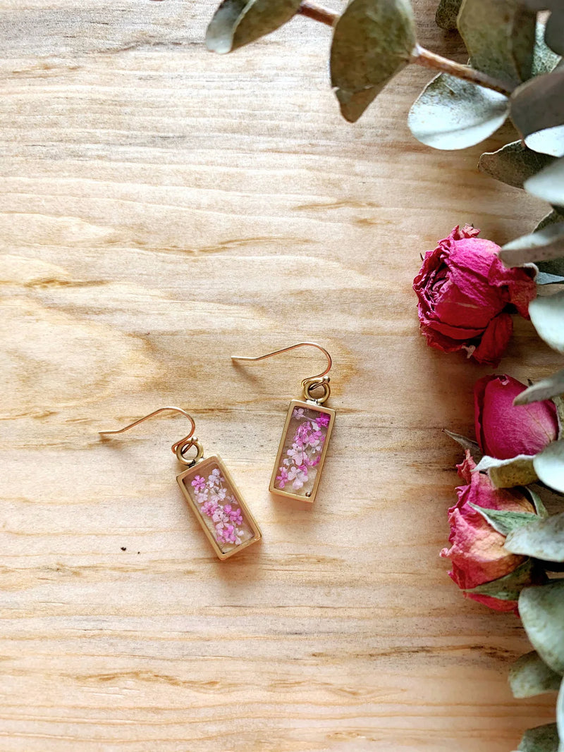 Rectangle Hook Earrings with Pink Flowers