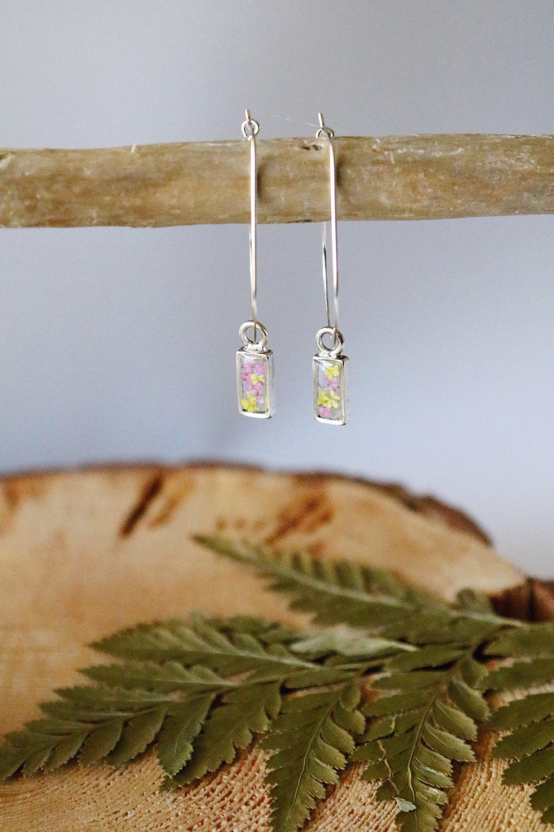 Rectangle Threader Earrings with Hot Pink & Yellow Flowers