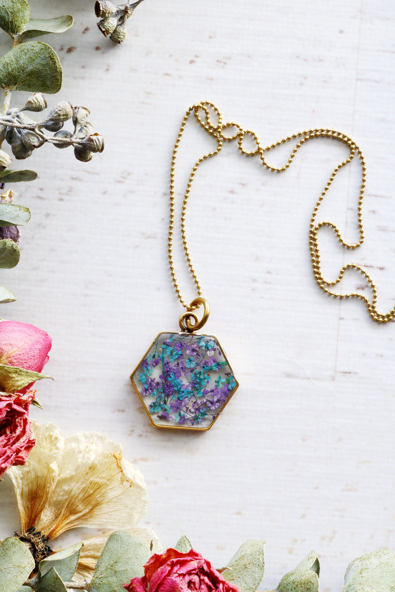 Hexagon Necklace with Light Blue & Purple Flowers