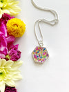 Hexagon Necklace with Rainbow Flowers