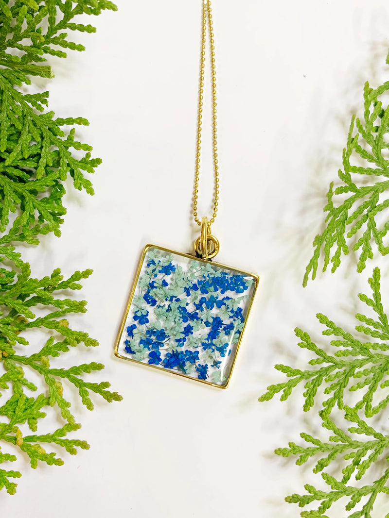 Square Necklace with Blue Flowers