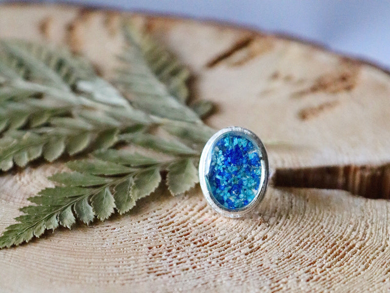 Large Adjustable Oval Ring with Blue Flowers