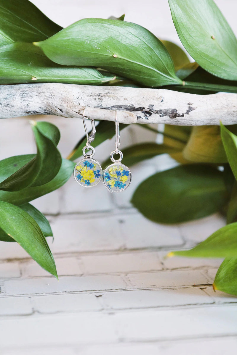 Circle Leverback Earrings with Blue & Yellow Flowers