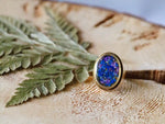 Large Adjustable Oval Ring with Blue & Purple Flowers
