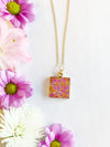 Square Necklace with Orange & Pink Flowers