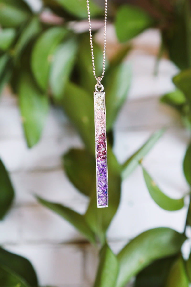 Long Bar Necklace with Ombré White to Purple Flowers
