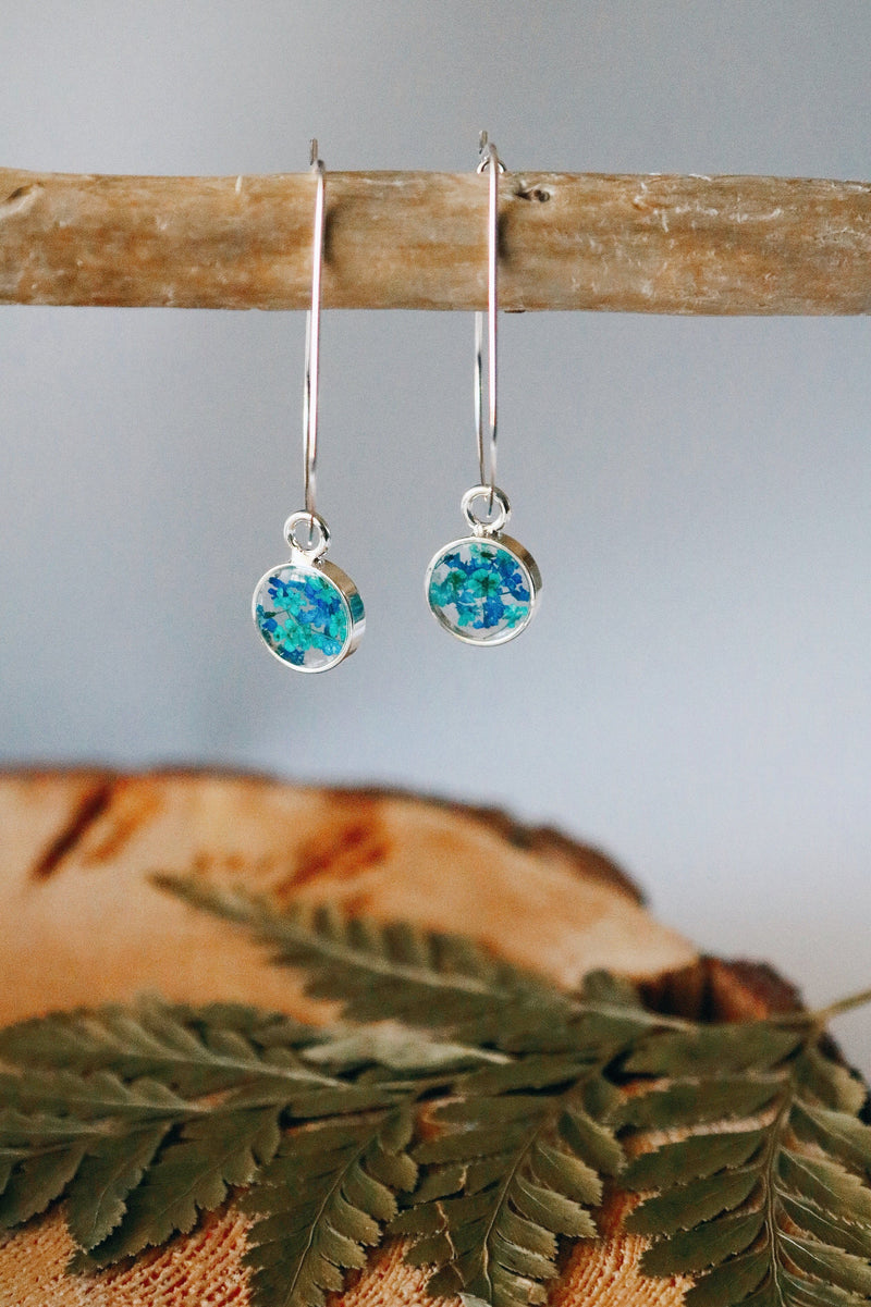 Circle Threader Earrings with Blue Flowers