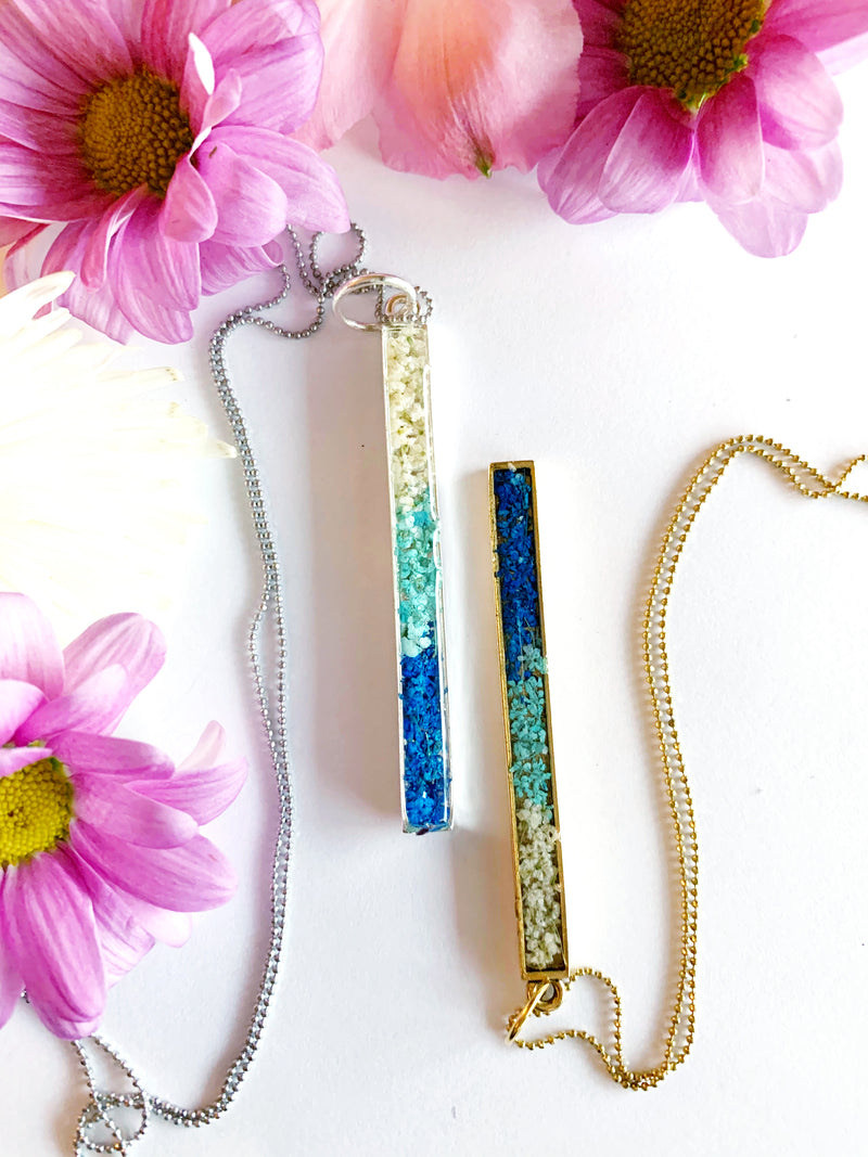 Long Bar Necklace with Blue & White Flowers
