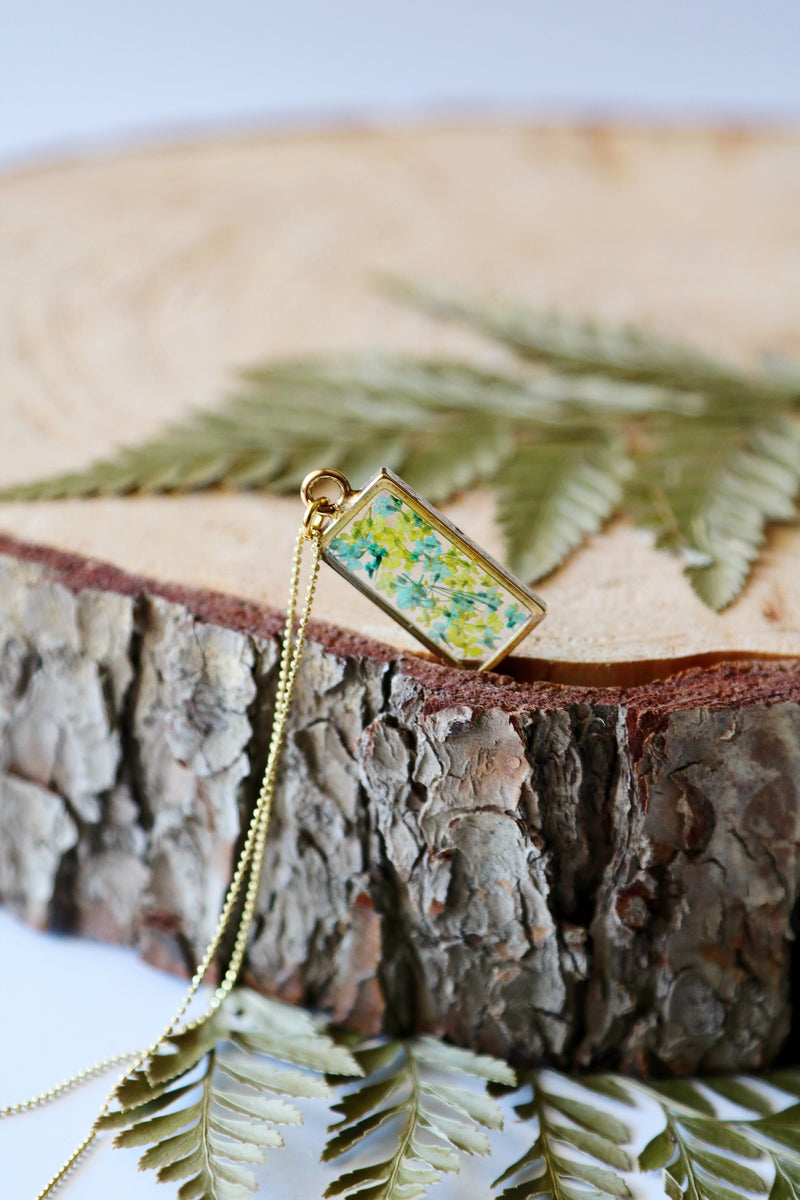 Rectangle Necklace with Light Blue & Yellow Flowers