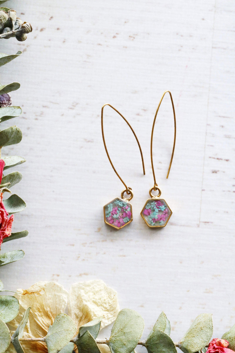 Hexagon Threader Earrings with Hot Pink & Light Blue Flowers
