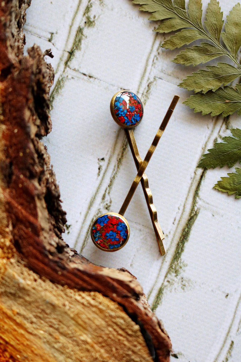 Bobby Pin Set with Blue & Red Flowers
