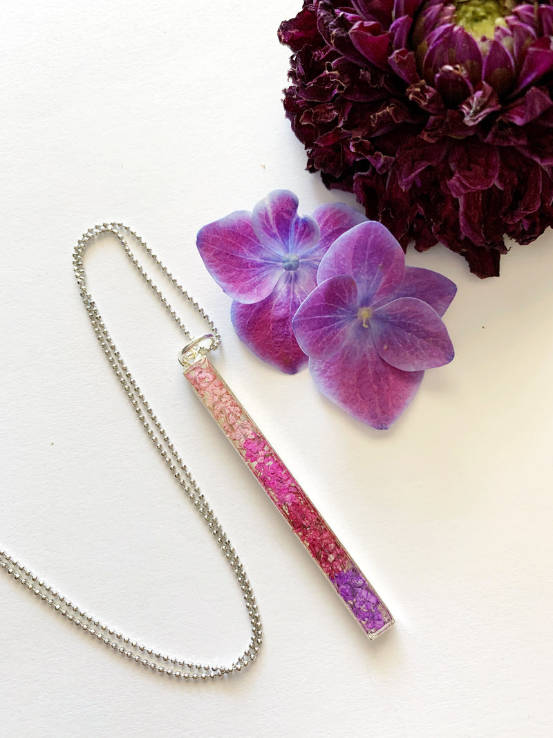 Long Bar Necklace with Ombré Purple to Pink Flowers