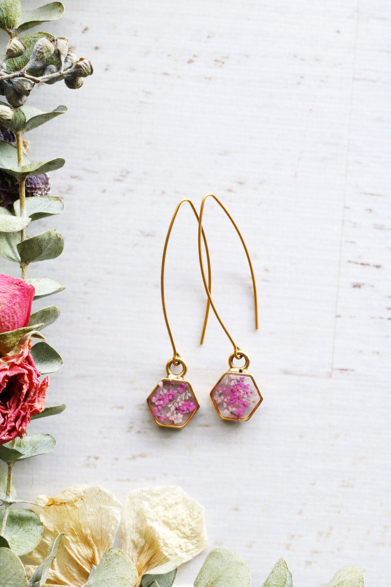 Hexagon Threader Earrings with Pink Flowers