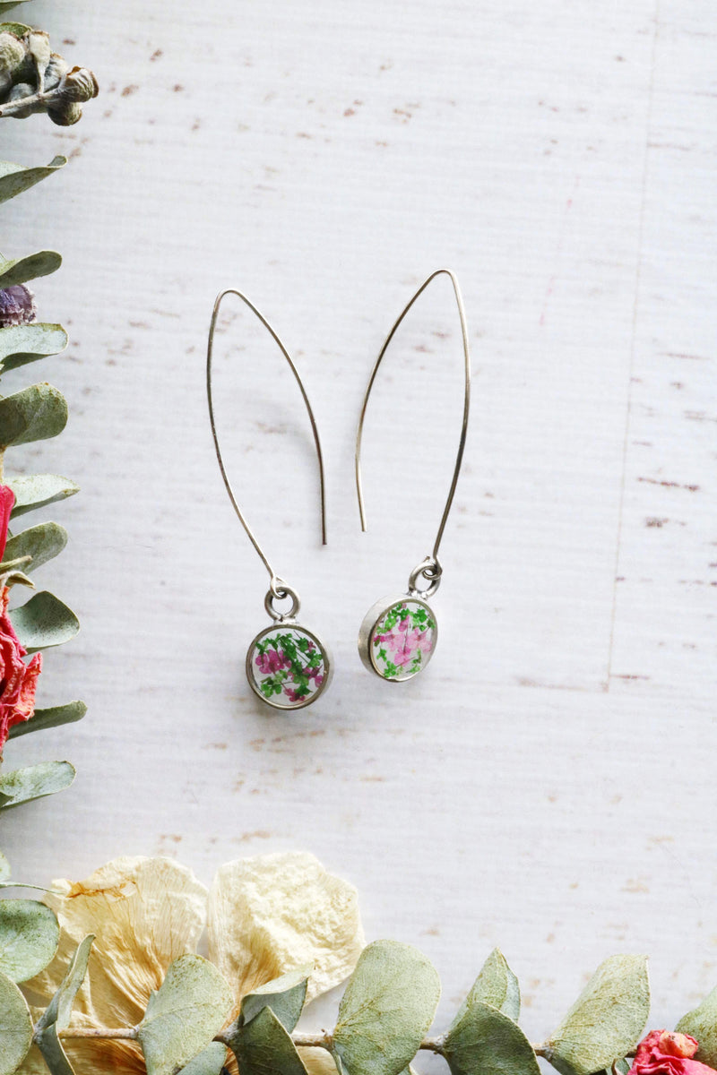 Circle Threader Earrings with Pink & Green Flowers
