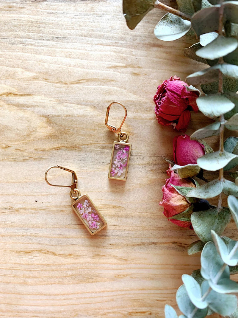 Rectangle Leverback Earrings with Pink Flowers