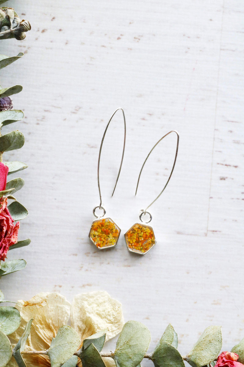 Hexagon Threader Earrings with Yellow & Orange Flowers