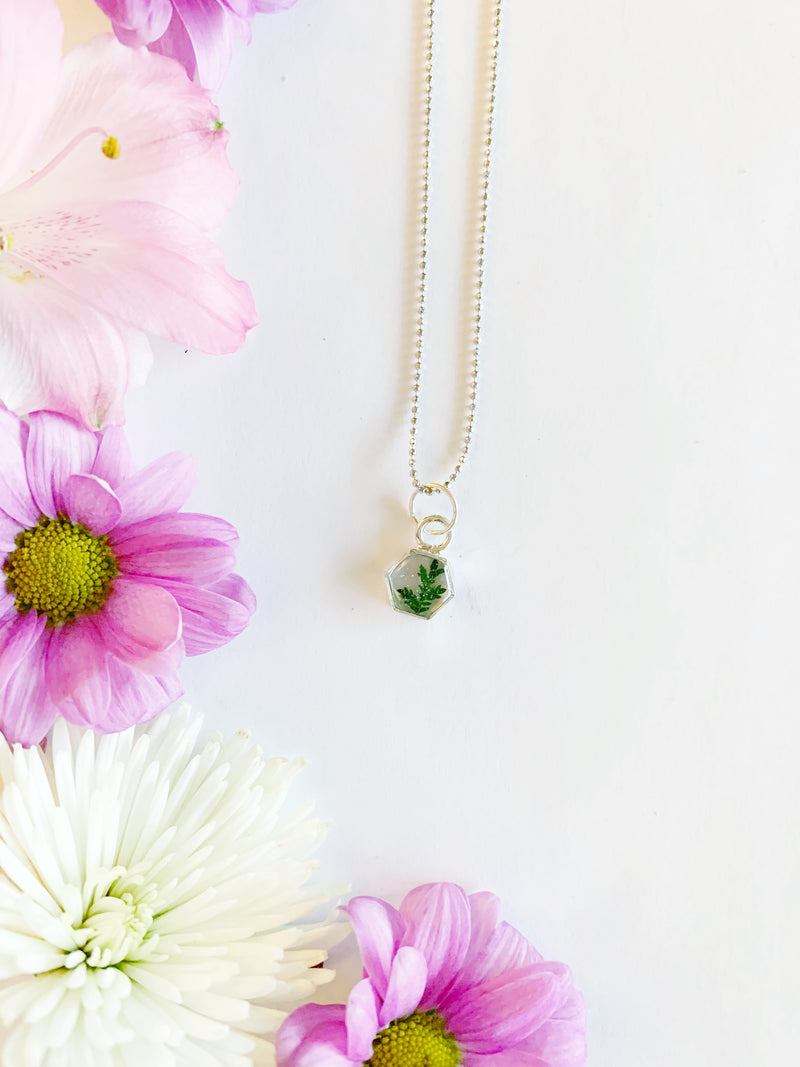 Hexagon Necklace with Lace Fern